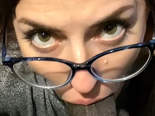 POV blowjob - I obey my bull, I kneel and suck his dick until he comes on my face and on my glasses. And after that, he wants even more ...